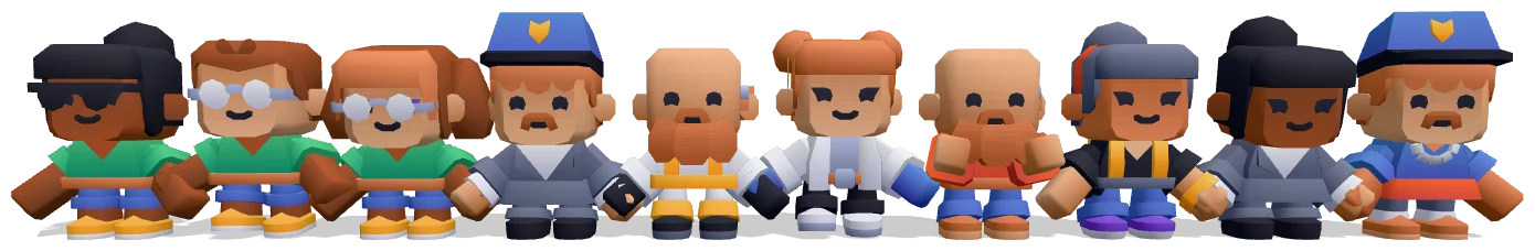 A row of Maple Hill agents with different faces, outfits and glasses
